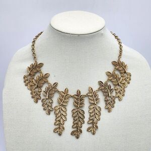 Boho Gold Leaf Goddess Leaves Vine Dangle Statement Necklace Bib 18" Gold Chain